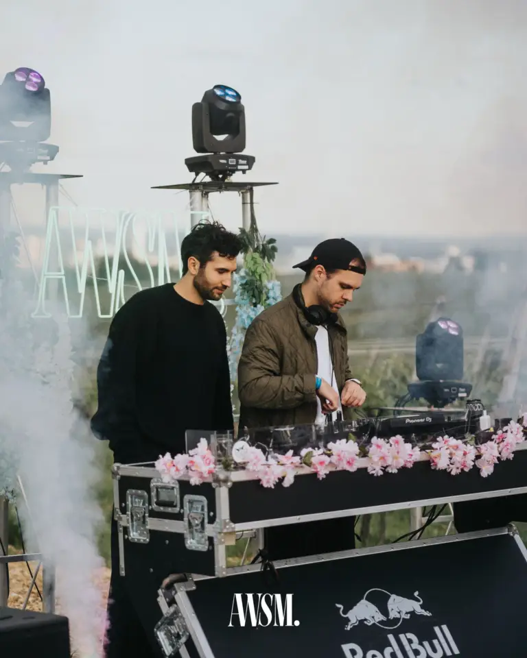 Zwei DJs am blumengeschmückten Pult mit AWSM-Neonschild, Scheinwerfern und Nebel über dem Weinberg – Vineyard Edition, 24.05.2025