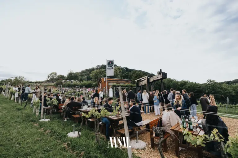Weiter Blick über den Buschenschank am Nussberg: Gäste an Holztischen zwischen Rebzeilen, Fahne und Holzhütte – Vineyard Edition, 24.05.2025