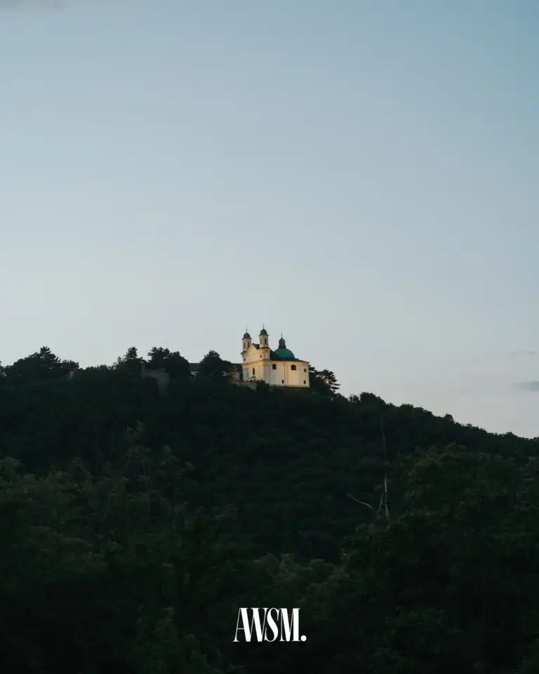 Kirche auf einem bewaldeten Hügel im letzten Abendlicht, vom Weinberg am Nussberg aus gesehen – Vineyard Edition, 24.05.2025
