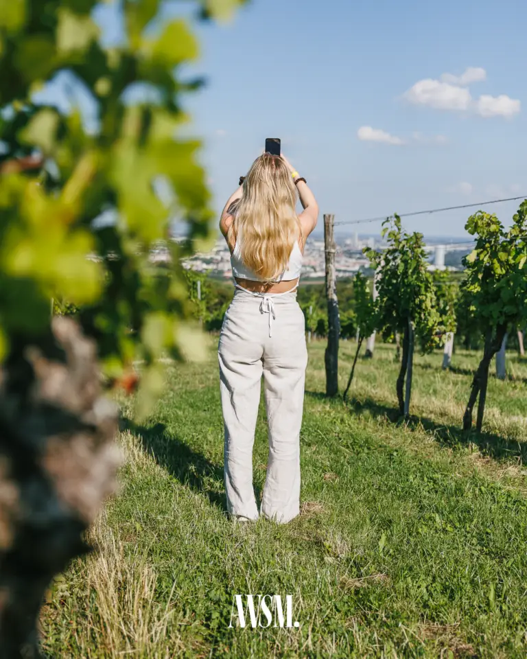 Gast von hinten fotografiert mit dem Smartphone den Blick über die Weinreben am Nussberg auf die Stadt – Vineyard Edition, 19.07.2025