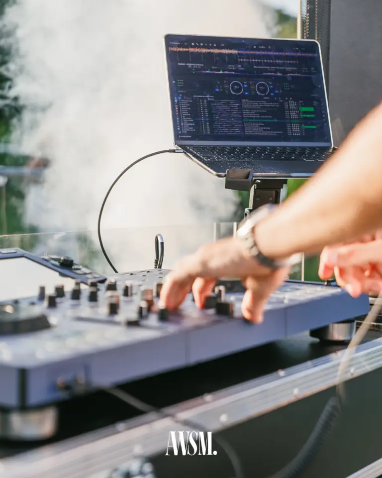 Hände am DJ-Controller vor einem Laptop mit Musiksoftware, im Hintergrund Nebel und Grün – Vineyard Edition, 19.07.2025