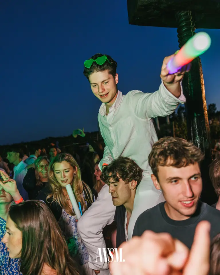 Mann mit grüner Herzbrille sitzt auf Schultern über der Menge und schwingt einen bunten Leuchtstab bei Nacht – Vineyard Edition, 14.06.2025