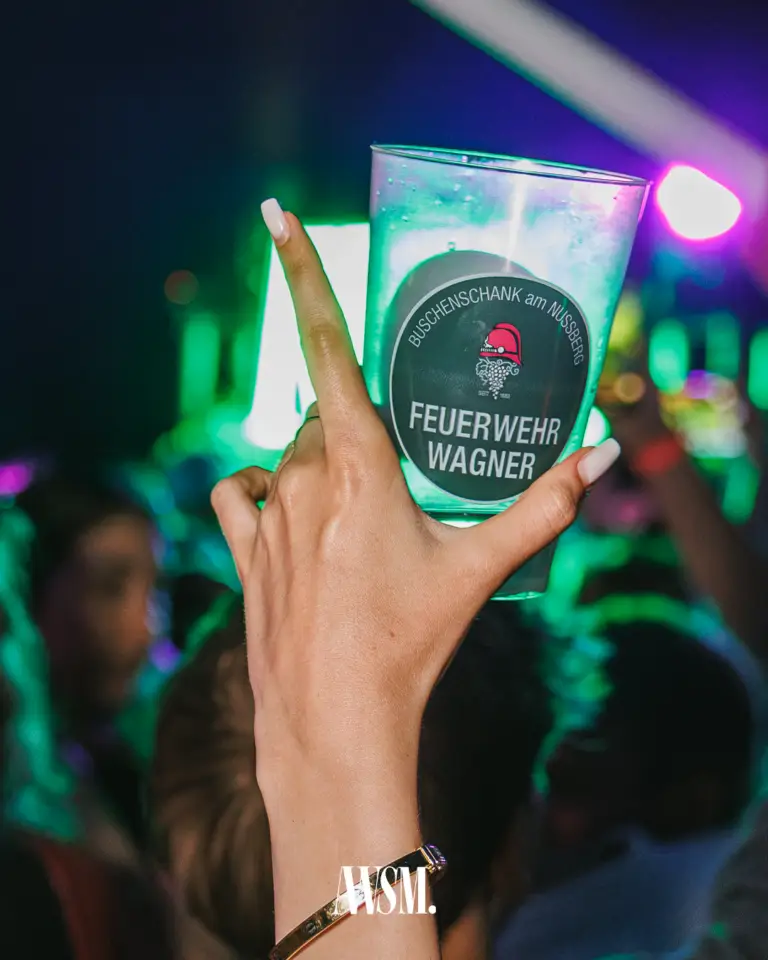 Hand reckt einen Becher in die Höhe, grünes und violettes Licht über der feiernden Menge bei Nacht – Vineyard Edition, 14.06.2025