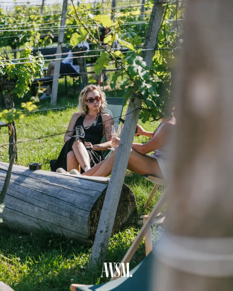 Zwei Gäste sitzen mit Weingläsern in Liegestühlen zwischen den Rebzeilen am Nussberg, vorne ein Baumstamm in der Sonne – Vineyard Edition, 14.06.2025