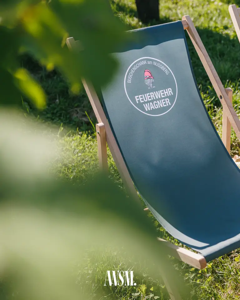 Leerer Liegestuhl mit Buschenschank-Logo auf der sonnigen Wiese am Nussberg, unscharfes Weinlaub im Vordergrund – Vineyard Edition, 14.06.2025