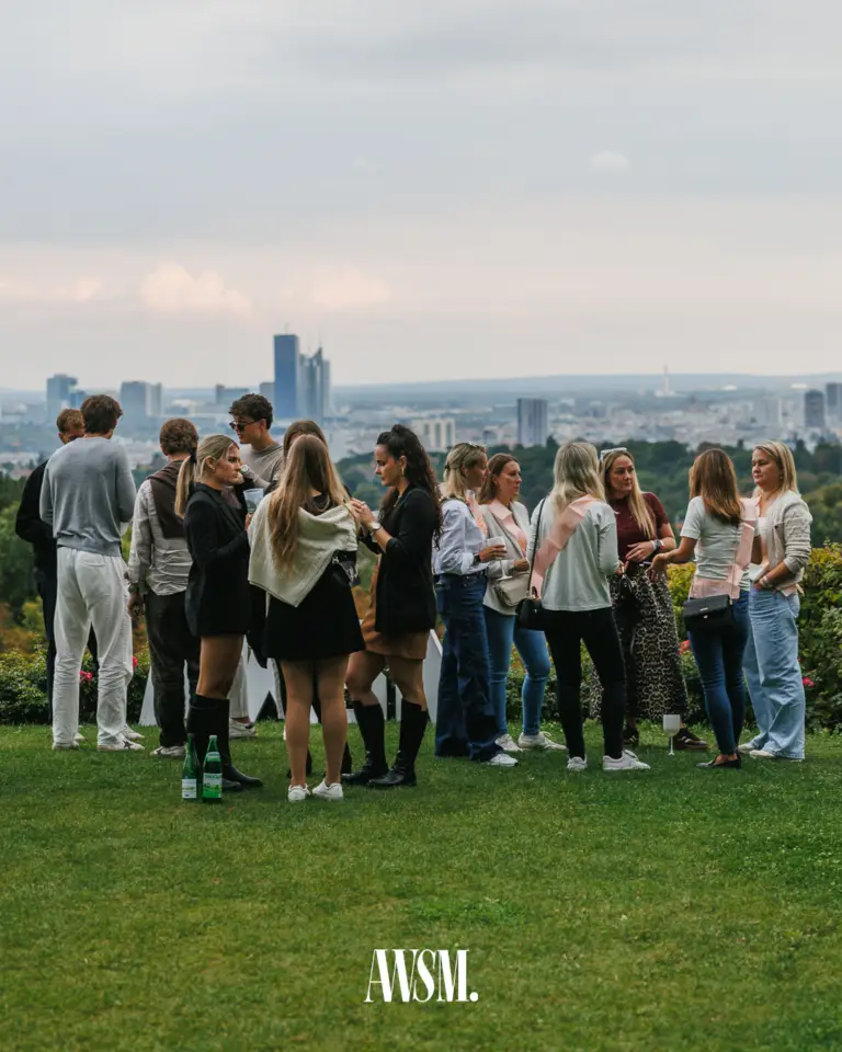 Gruppe von Gästen plaudert auf dem Rasen am Reisenberg, dahinter die Skyline von Wien – Vineyard Edition, 13.09.2025