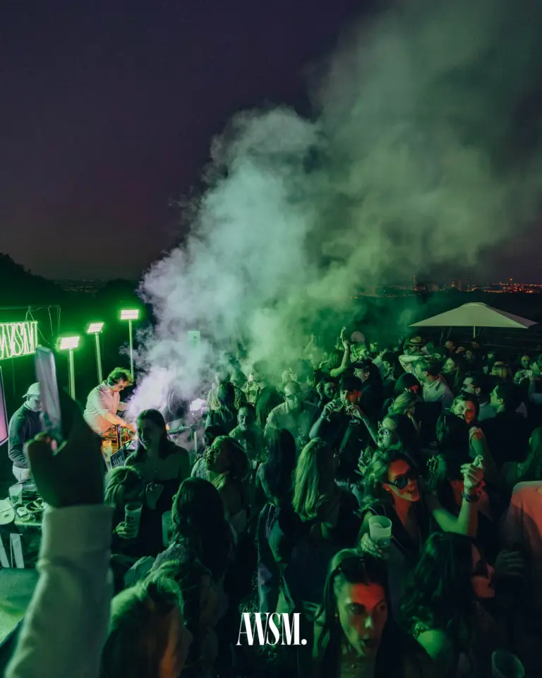 Packed dance floor at night with the DJ at the decks, green smoke and the AWSM neon sign, city lights in the distance – Vineyard Spring, 23 May 2026