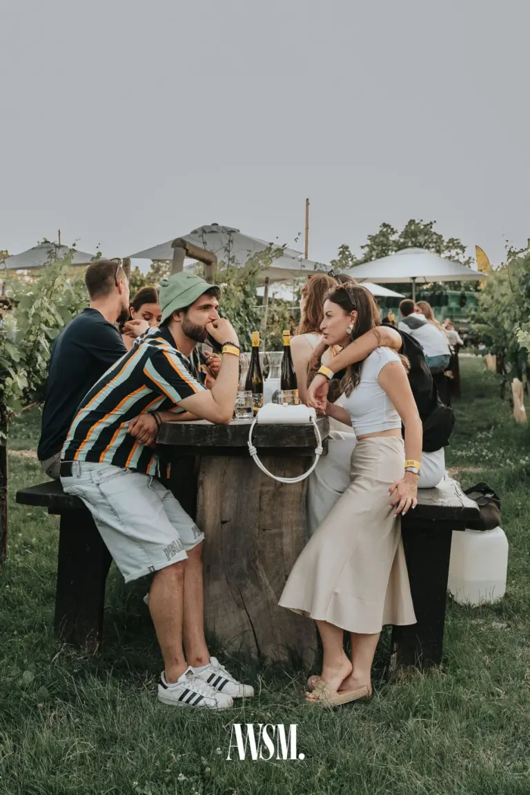 Gäste an einem rustikalen Holztisch mit Weinflaschen auf der Wiese zwischen Weinreben und Schirmen am Nussberg – Vineyard Summer Opening, 20.06.2026