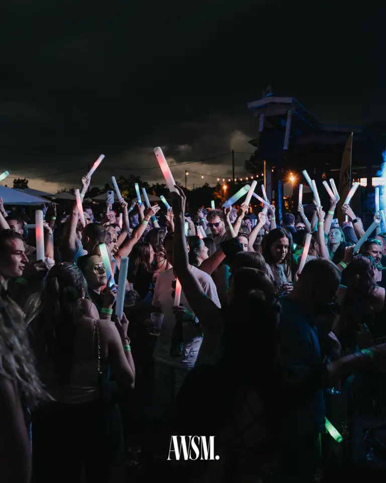 A packed crowd raises glow sticks under a dark cloudy sky, with string lights and a wooden tower behind them – Vineyard Summer Edition, 18 July 2026