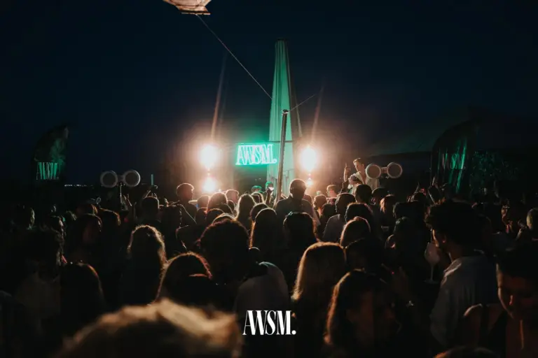 Dichte Menge bei Nacht vor der AWSM-Leuchtschrift zwischen zwei Scheinwerfern, seitlich Beachflags und Lautsprecher – Skyline Edition, 08.08.2026